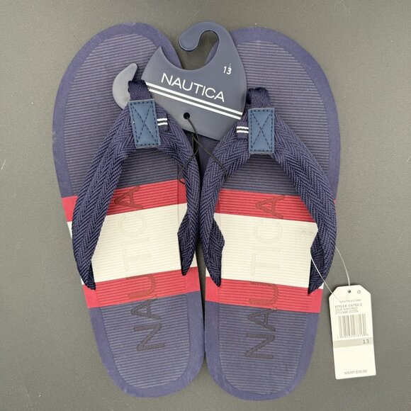 Nautica Mens Eccen Flip Flops Size 13 Navy Blue Red White Striped Sandals - Picture 1 of 4